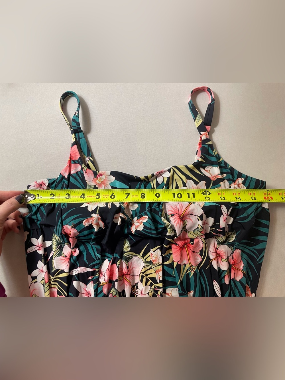 Lunabelle Swimsuit Blouson Top & Side Tie Navy Blue with Tropical Flowers Size L - Picture 11 of 14